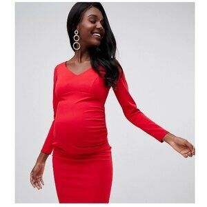 NWOT QUEEN BEE V NECK PENCIL MATERNITY DRESS IN RED-MULTI